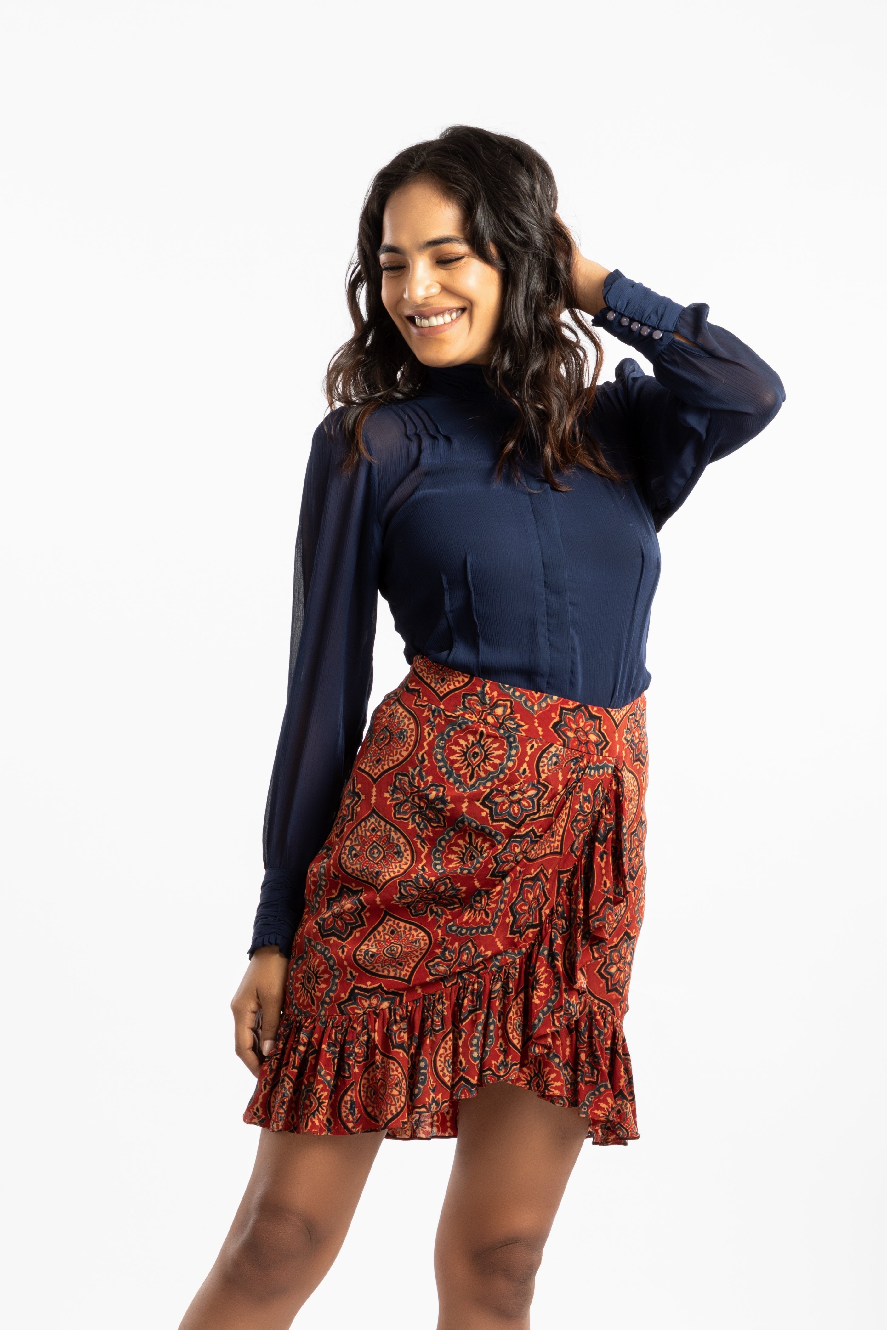 Red Ruffled Mini Skirt by House Of Ara with Ajrakh, Ajrakh Collection, Casual Wear, Cupro, For Siblings, Mini Skirts, Natural, Prints, Red, Regular Fit, Skirts, Slim Fit, Womenswear at Kamakhyaa for sustainable fashion