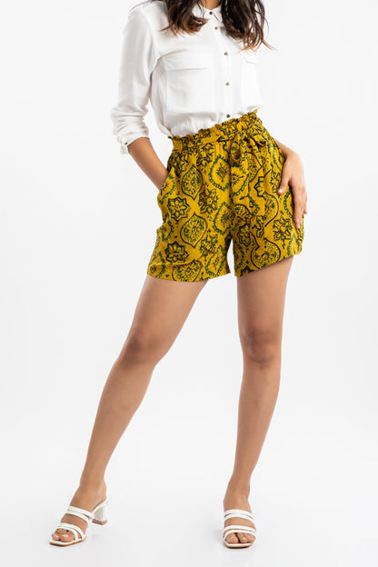 Yellow Paper Bag Shorts by House Of Ara with Ajrakh, Ajrakh Collection, Casual Wear, Cupro, Natural, Prints, Regular Fit, Shorts, Womenswear, Yellow at Kamakhyaa for sustainable fashion