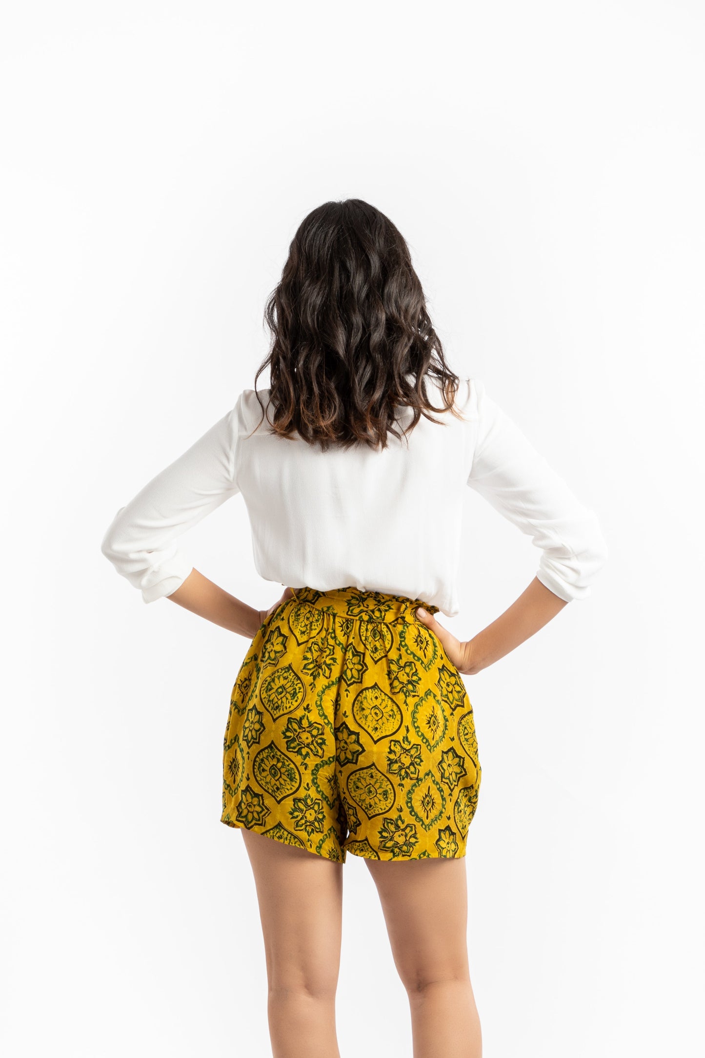 Yellow Paper Bag Shorts by House Of Ara with Ajrakh, Ajrakh Collection, Casual Wear, Cupro, Natural, Prints, Regular Fit, Shorts, Womenswear, Yellow at Kamakhyaa for sustainable fashion