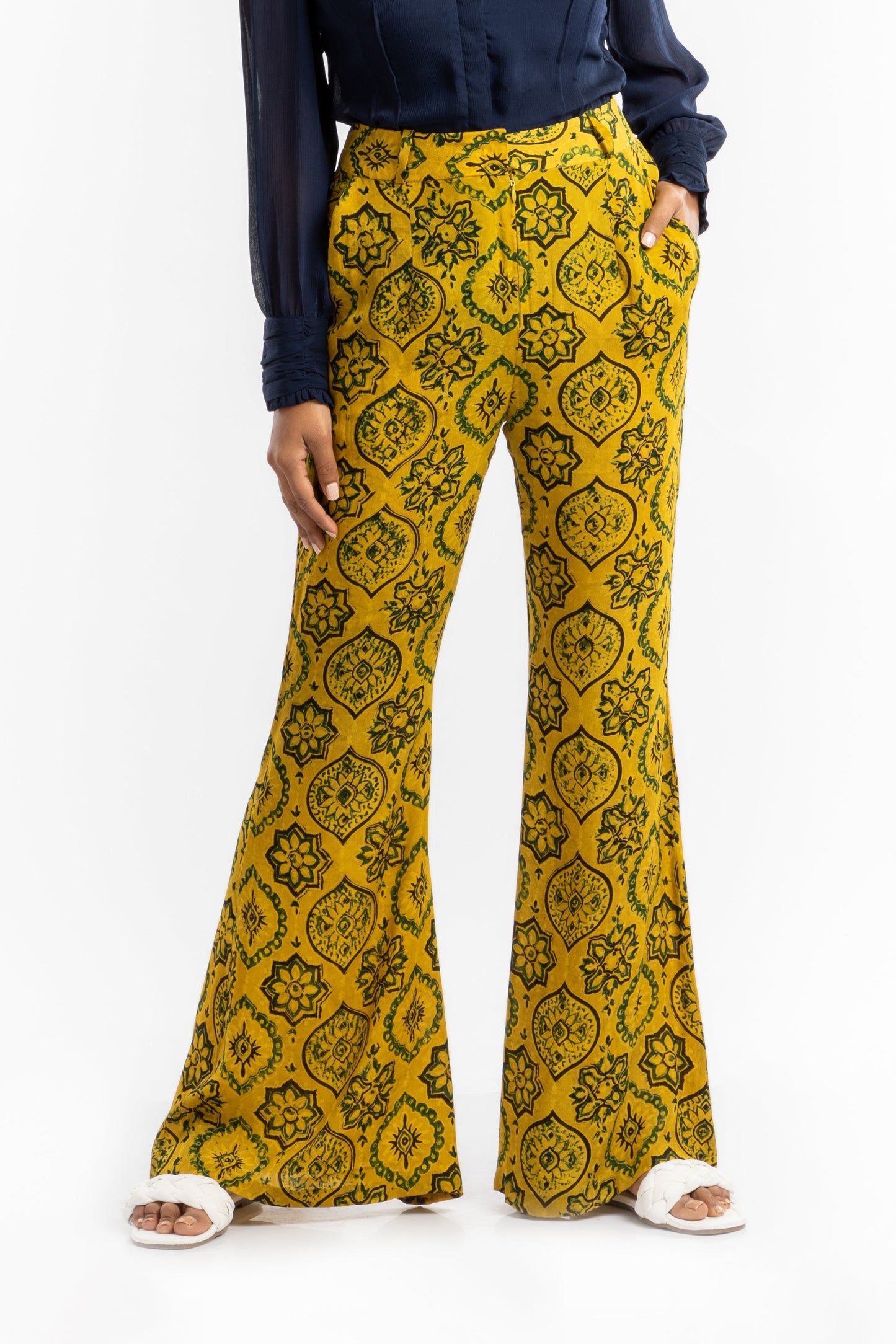 Yellow Bell Bottom Pant by House Of Ara with Ajrakh, Ajrakh Collection, Casual Wear, Cupro, Natural, Pants, Prints, Regular Fit, Womenswear, Yellow at Kamakhyaa for sustainable fashion