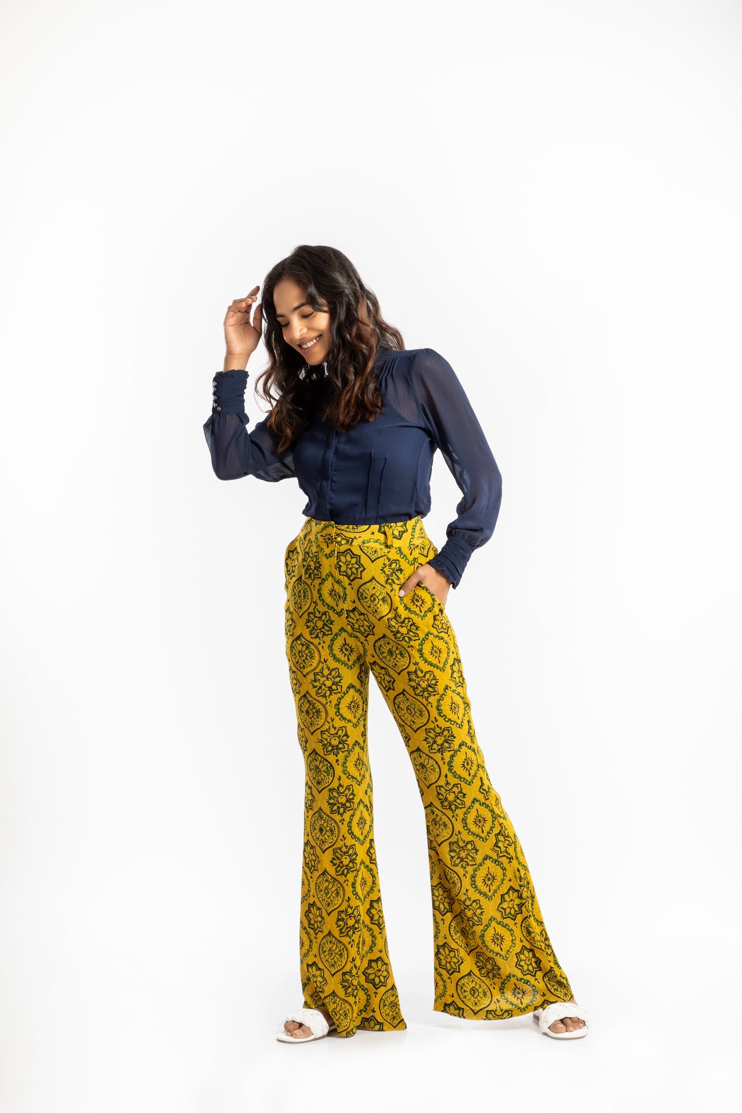 Yellow Bell Bottom Pant by House Of Ara with Ajrakh, Ajrakh Collection, Casual Wear, Cupro, Natural, Pants, Prints, Regular Fit, Womenswear, Yellow at Kamakhyaa for sustainable fashion