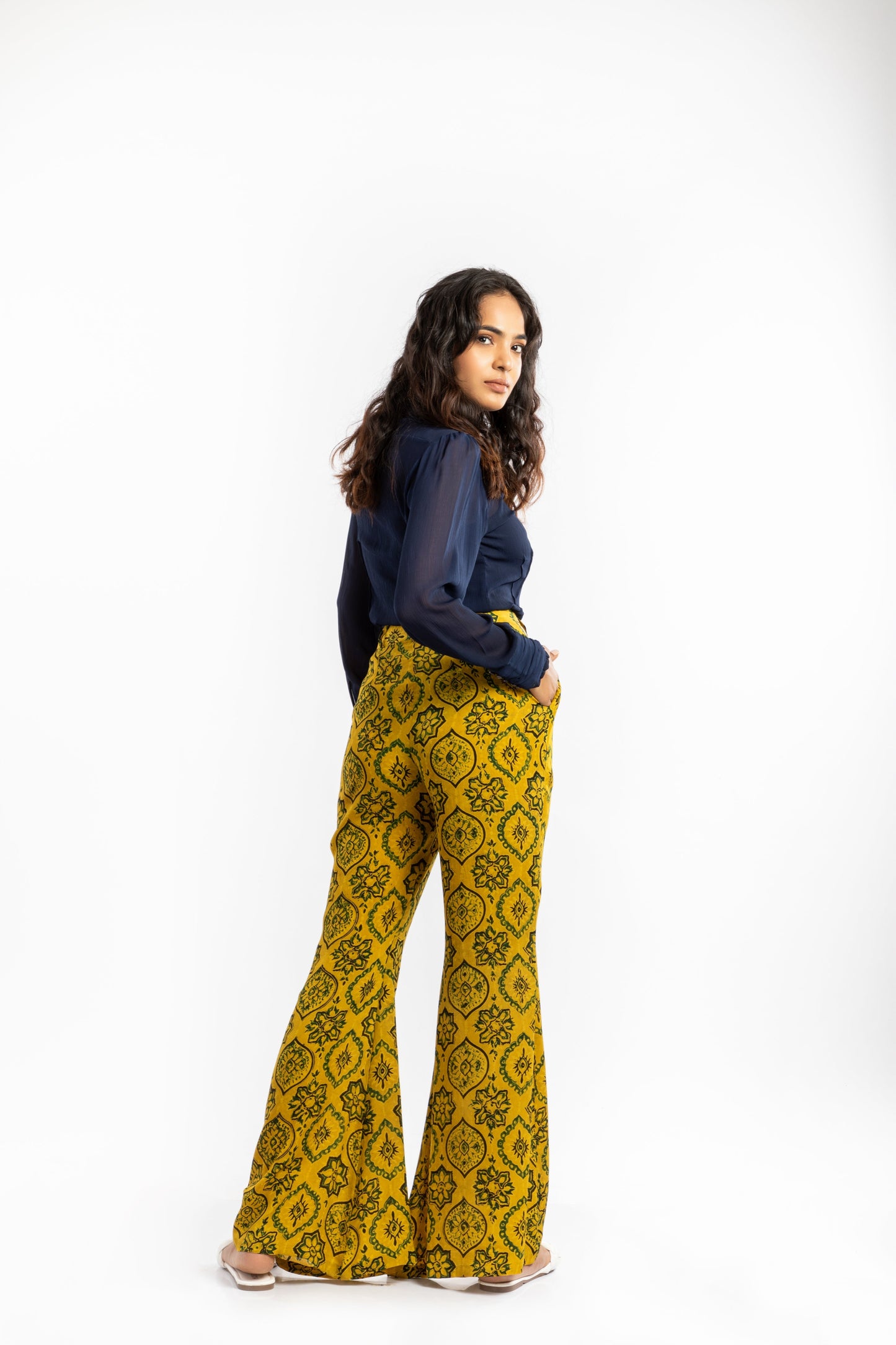 Yellow Bell Bottom Pant by House Of Ara with Ajrakh, Ajrakh Collection, Casual Wear, Cupro, Natural, Pants, Prints, Regular Fit, Womenswear, Yellow at Kamakhyaa for sustainable fashion