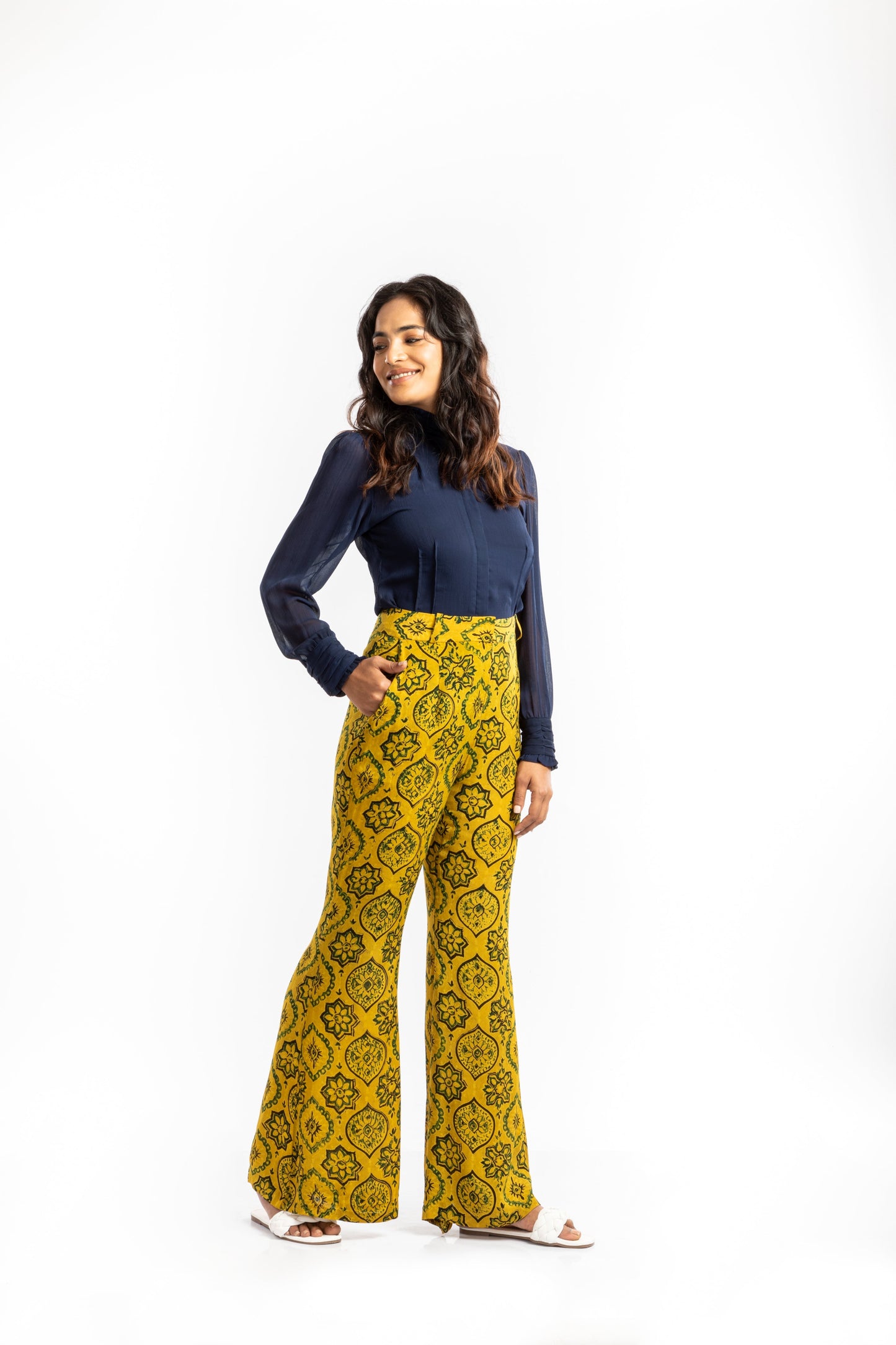 Yellow Bell Bottom Pant by House Of Ara with Ajrakh, Ajrakh Collection, Casual Wear, Cupro, Natural, Pants, Prints, Regular Fit, Womenswear, Yellow at Kamakhyaa for sustainable fashion