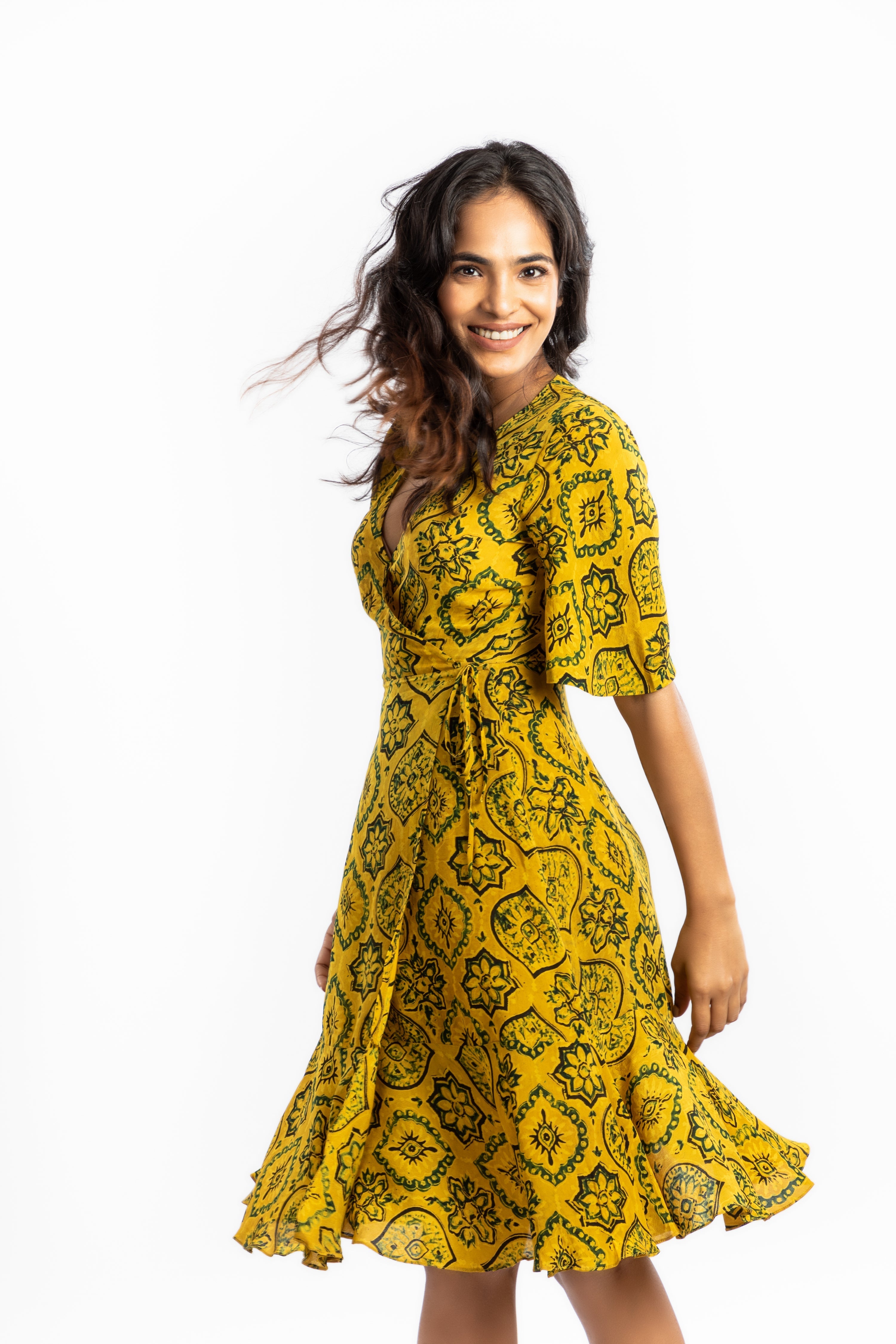 Yellow Wrap Dress by House Of Ara with Ajrakh, Ajrakh Collection, Casual Wear, Cupro, Natural, Prints, Regular Fit, Womenswear, Wrap Dresses, Yellow at Kamakhyaa for sustainable fashion