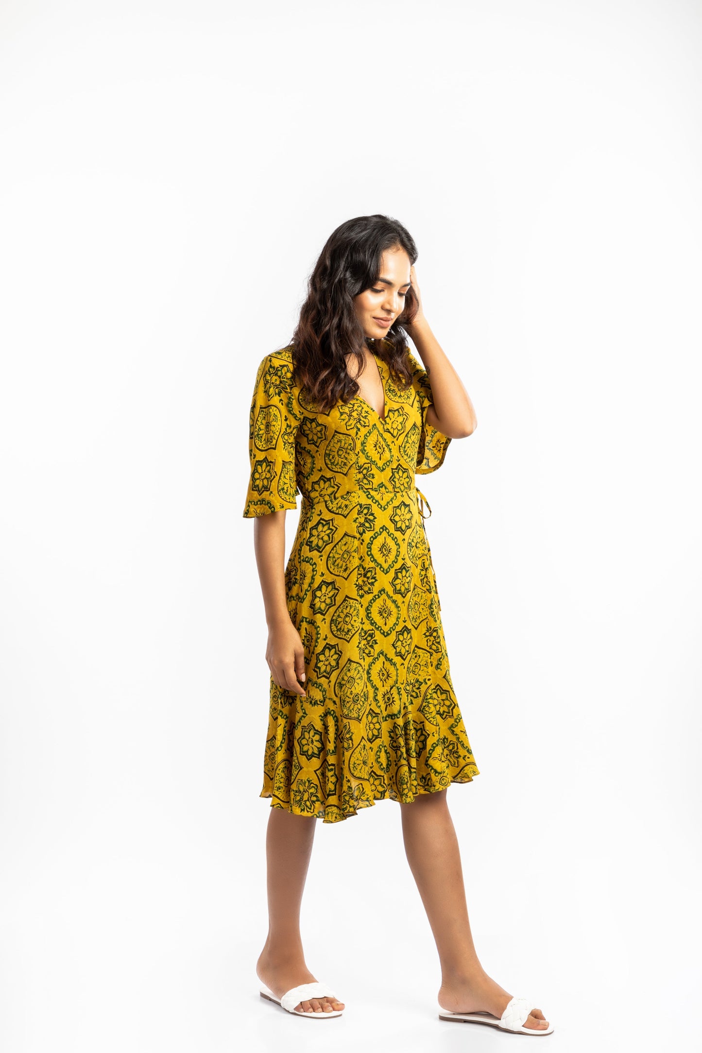 Yellow Wrap Dress by House Of Ara with Ajrakh, Ajrakh Collection, Casual Wear, Cupro, Natural, Prints, Regular Fit, Womenswear, Wrap Dresses, Yellow at Kamakhyaa for sustainable fashion