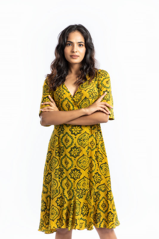 Yellow Wrap Dress Ajrakh Collection, Casual Wear, Cupro, Natural, Prints, Regular Fit, Wrap Dresses, Yellow Kamakhyaa