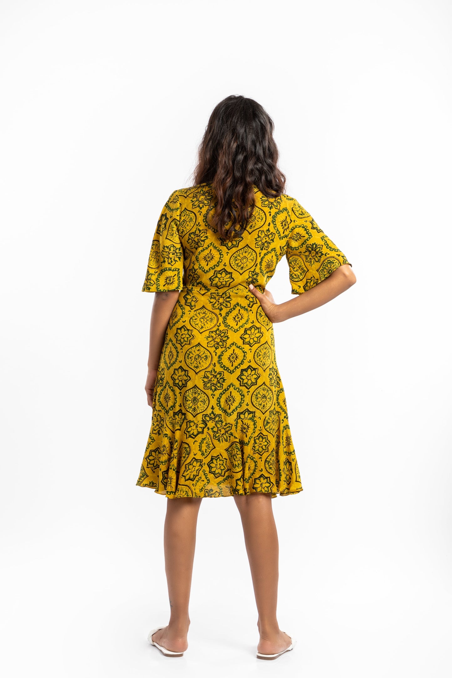 Yellow Wrap Dress by House Of Ara with Ajrakh, Ajrakh Collection, Casual Wear, Cupro, Natural, Prints, Regular Fit, Womenswear, Wrap Dresses, Yellow at Kamakhyaa for sustainable fashion