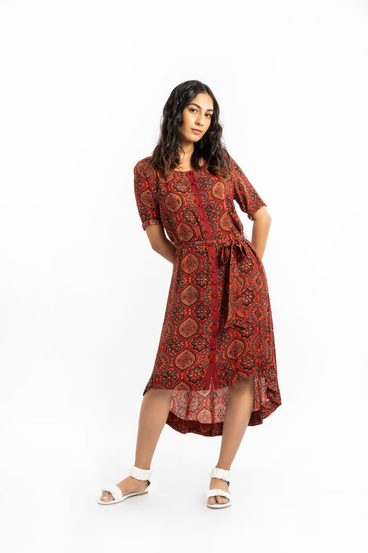 Red A-Line Dress Ajrakh Collection, Casual Wear, Cupro, Midi Dresses, Natural, Prints, Red, Relaxed Fit Kamakhyaa