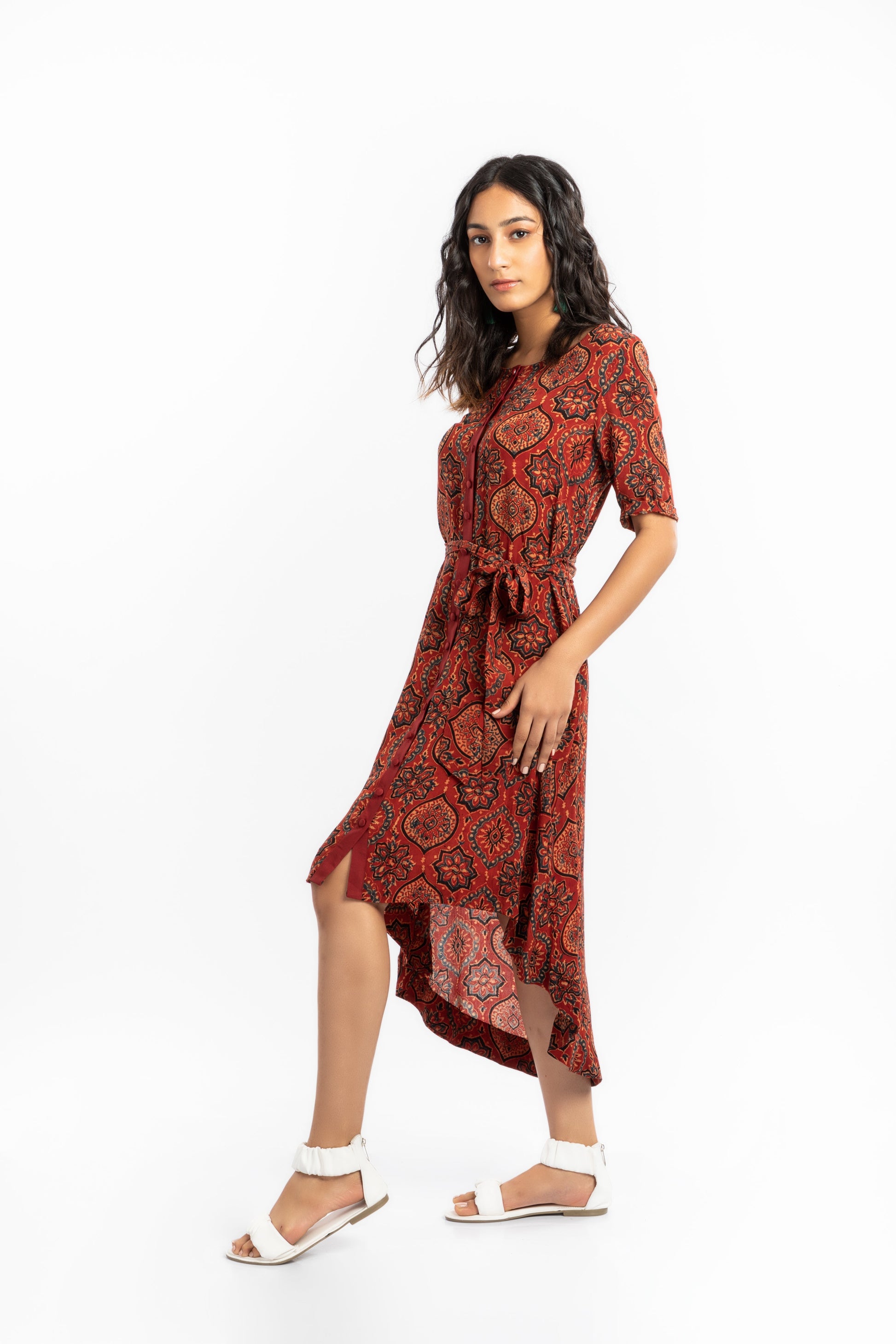 Red A-Line Dress Dresses Ajrakh Collection, Casual Wear, Cupro, Midi Dresses, Natural, Prints, Red, Relaxed Fit House Of Ara Kamakhyaa