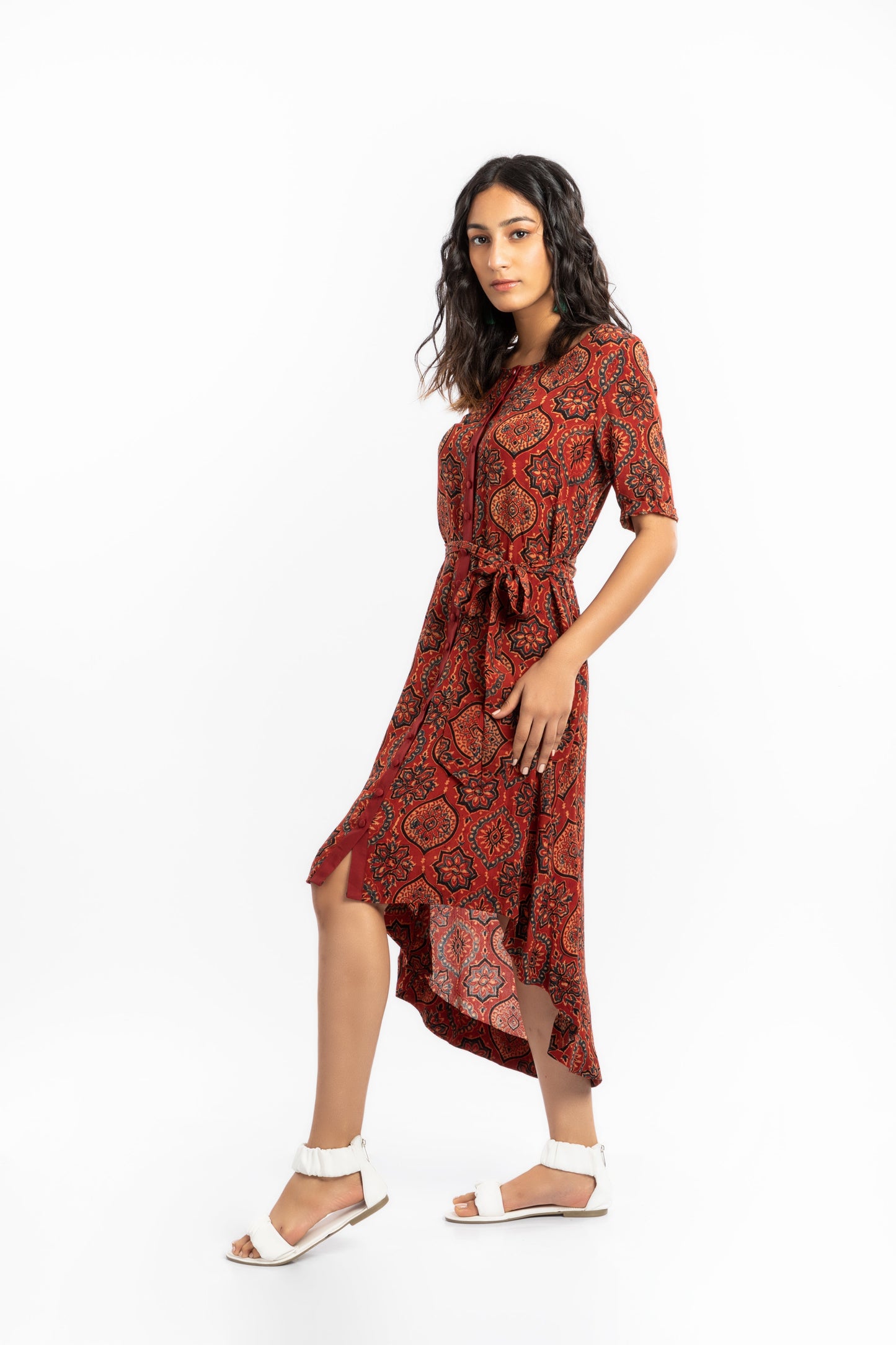 Red A-Line Dress by House Of Ara with Ajrakh, Ajrakh Collection, Casual Wear, Cupro, Midi Dresses, Natural, Prints, Red, Relaxed Fit, Shirt Dresses, Womenswear at Kamakhyaa for sustainable fashion