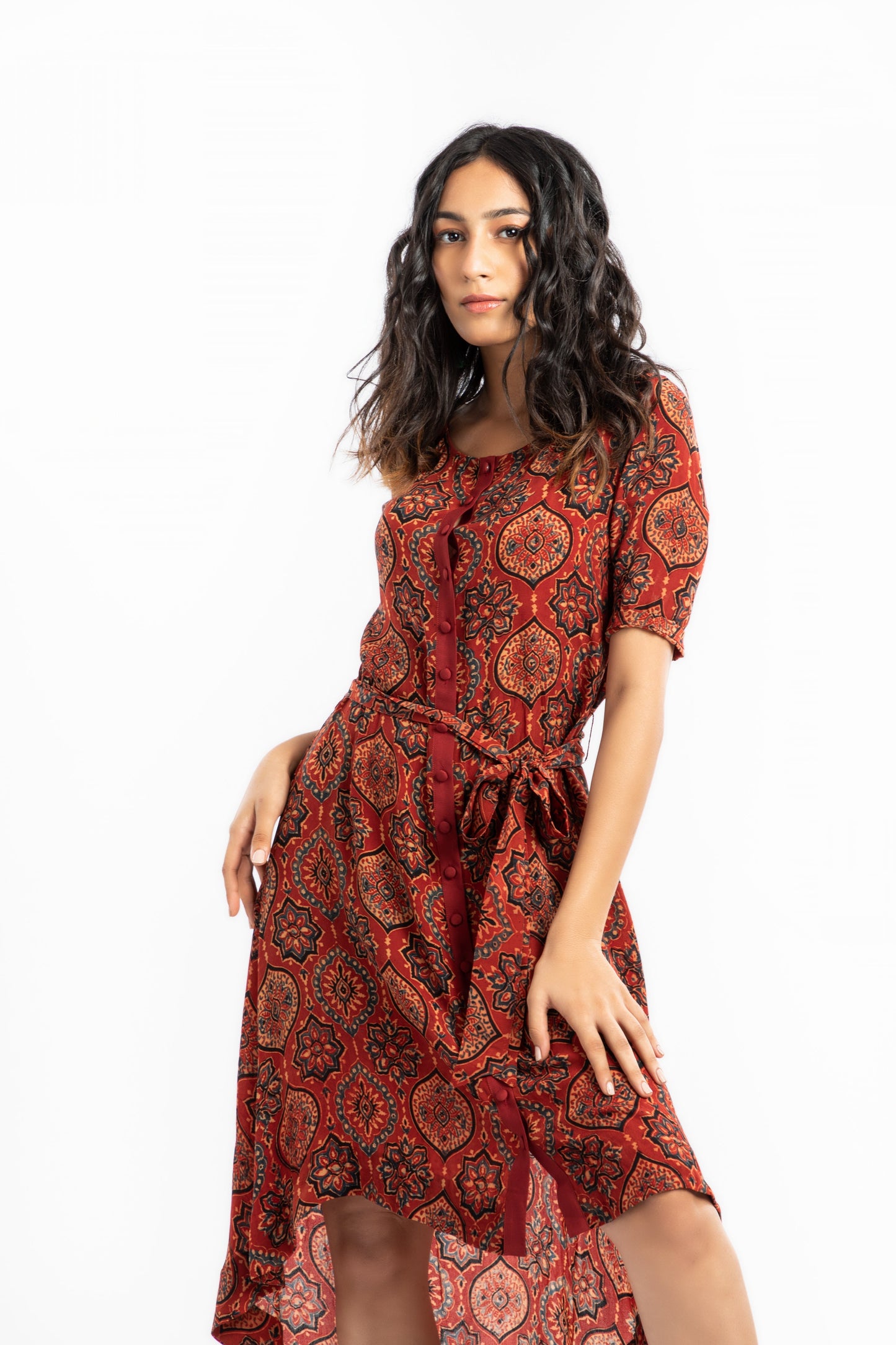 Red A-Line Dress Dresses Ajrakh Collection, Casual Wear, Cupro, Midi Dresses, Natural, Prints, Red, Relaxed Fit House Of Ara Kamakhyaa