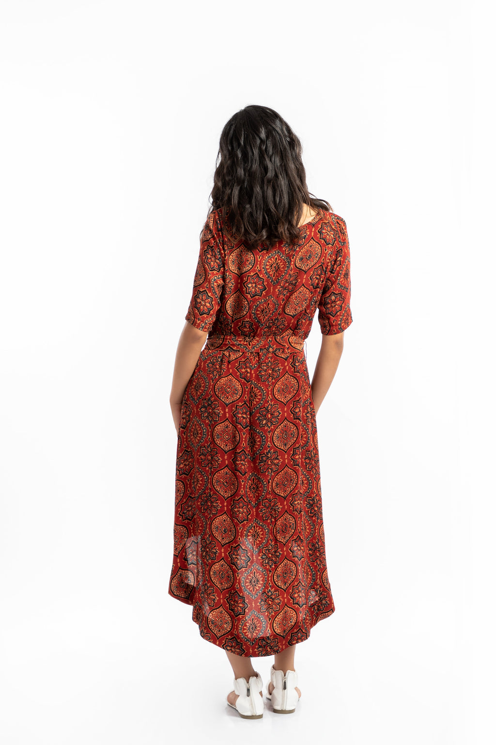 Red A-Line Dress by House Of Ara with Ajrakh, Ajrakh Collection, Casual Wear, Cupro, Midi Dresses, Natural, Prints, Red, Relaxed Fit, Shirt Dresses, Womenswear at Kamakhyaa for sustainable fashion