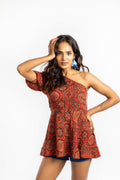 Red One Shoulder Top by House Of Ara with Ajrakh, Ajrakh Collection, Casual Wear, Cupro, Fitted at Bust, Natural, One Shoulder Tops, Prints, Red, Womenswear at Kamakhyaa for sustainable fashion