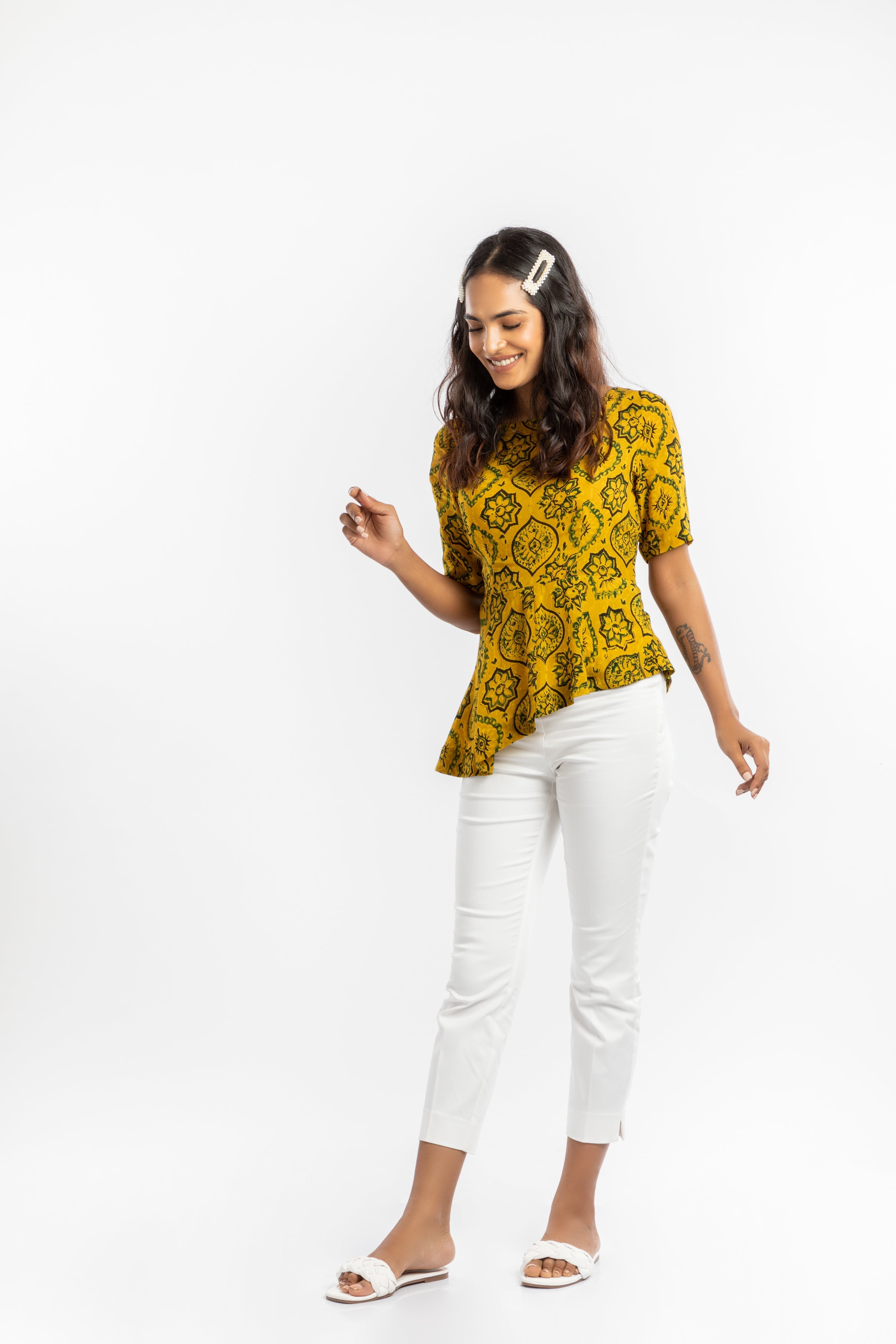 Yellow Peplum Top by House Of Ara with Ajrakh, Ajrakh Collection, Casual Wear, Cupro, Fitted at Bust, Natural, Peplum Tops, Prints, Womenswear, Yellow at Kamakhyaa for sustainable fashion
