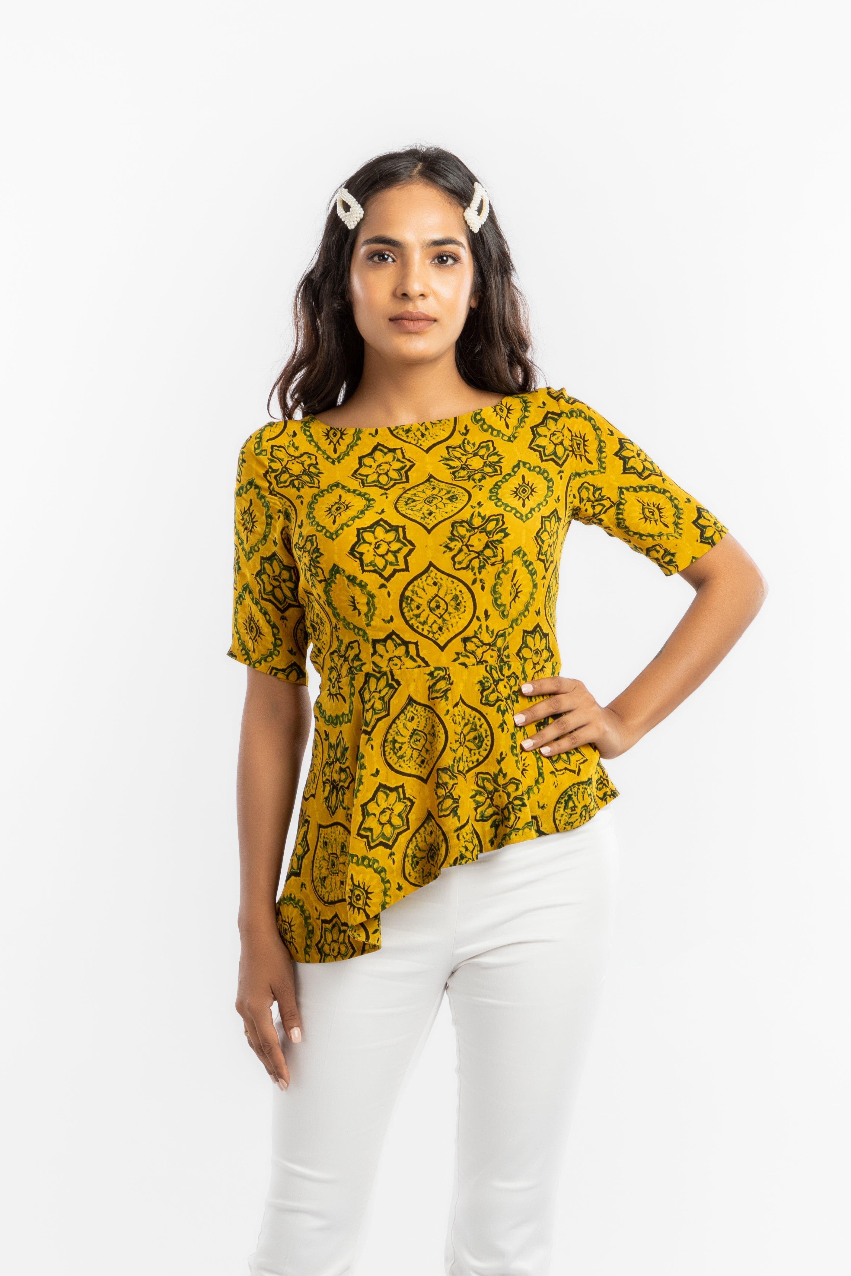 Yellow Peplum Top by House Of Ara with Ajrakh, Ajrakh Collection, Casual Wear, Cupro, Fitted at Bust, Natural, Peplum Tops, Prints, Womenswear, Yellow at Kamakhyaa for sustainable fashion