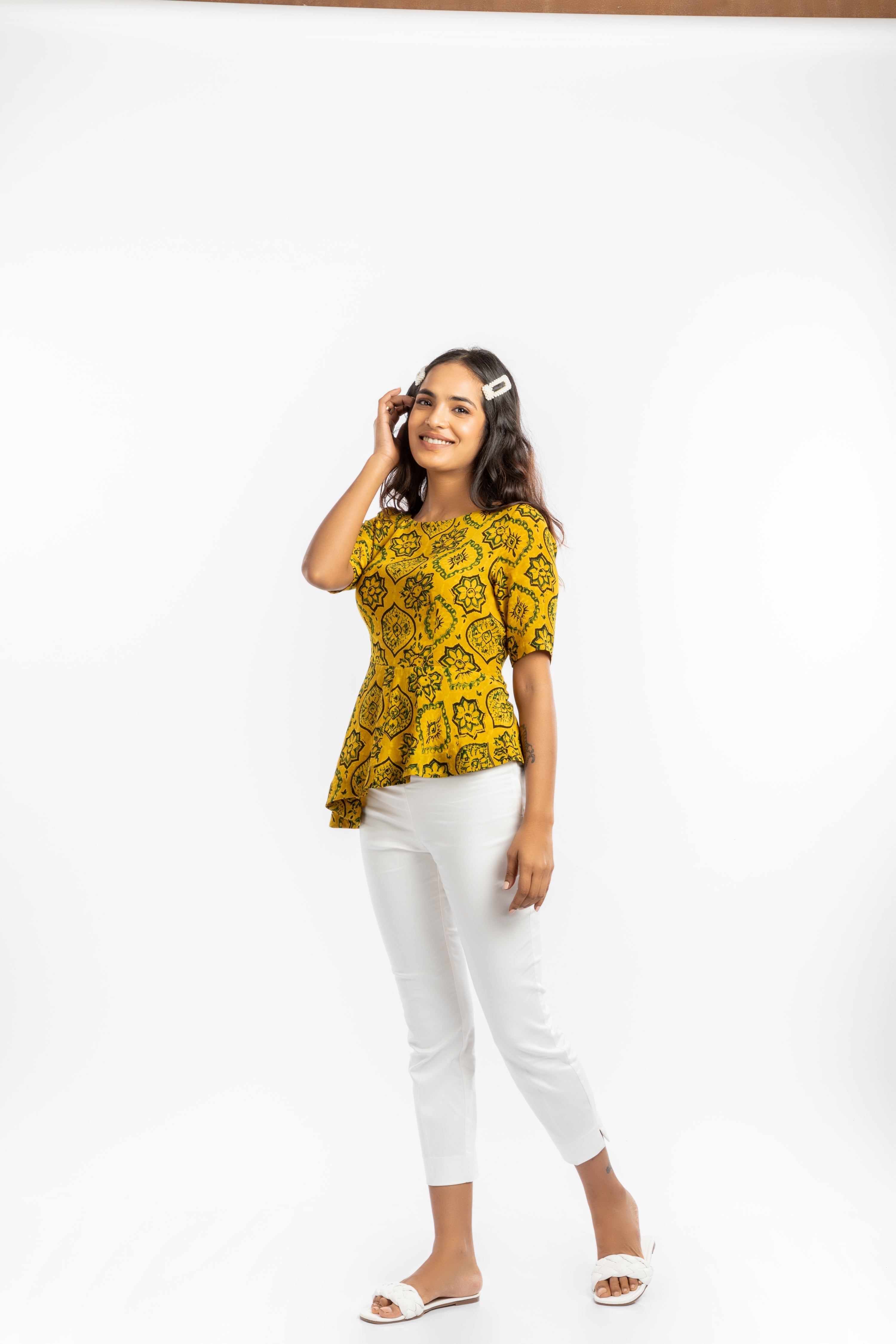Yellow Peplum Top by House Of Ara with Ajrakh, Ajrakh Collection, Casual Wear, Cupro, Fitted at Bust, Natural, Peplum Tops, Prints, Womenswear, Yellow at Kamakhyaa for sustainable fashion