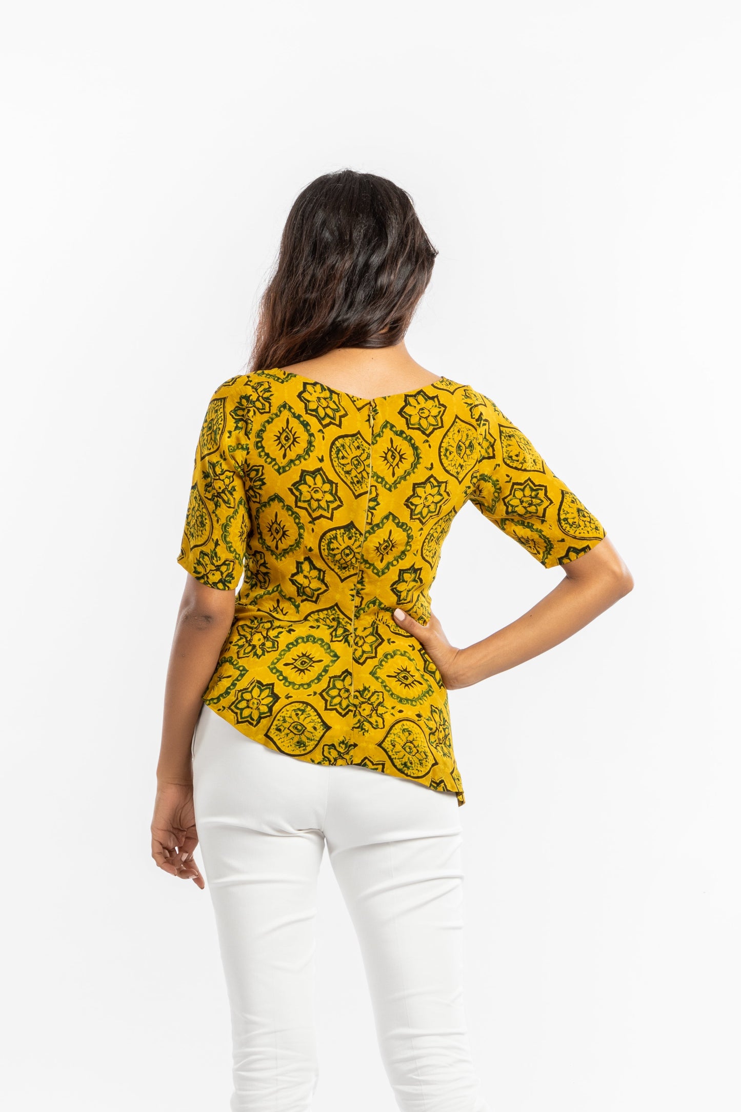 Yellow Peplum Top by House Of Ara with Ajrakh, Ajrakh Collection, Casual Wear, Cupro, Fitted at Bust, Natural, Peplum Tops, Prints, Womenswear, Yellow at Kamakhyaa for sustainable fashion