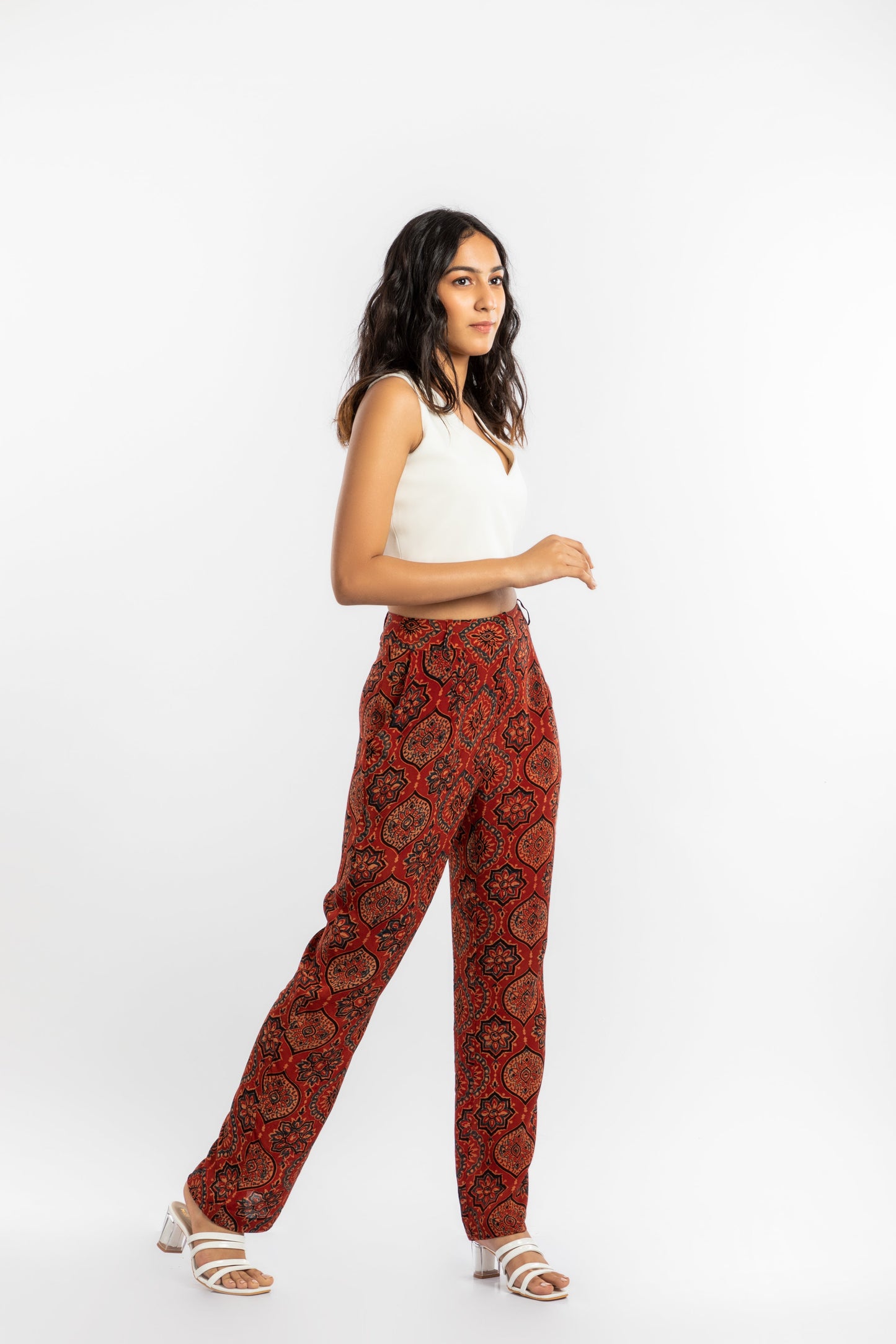 Red Straight Fit Pant by House Of Ara with Ajrakh, Ajrakh Collection, Casual Wear, Cupro, Natural, Pants, Prints, Red, Regular Fit, Womenswear at Kamakhyaa for sustainable fashion