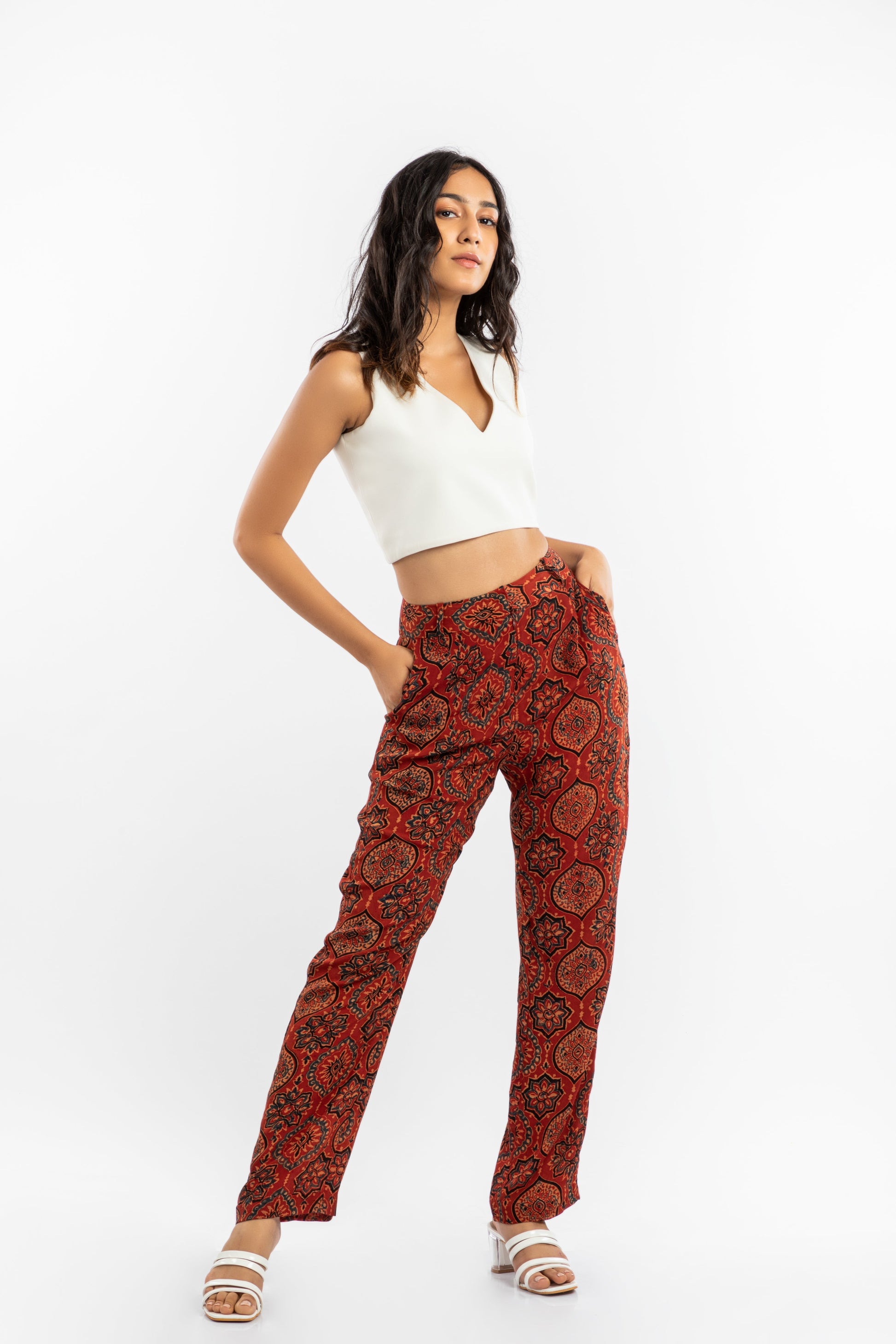 Red Straight Fit Pant by House Of Ara with Ajrakh, Ajrakh Collection, Casual Wear, Cupro, Natural, Pants, Prints, Red, Regular Fit, Womenswear at Kamakhyaa for sustainable fashion