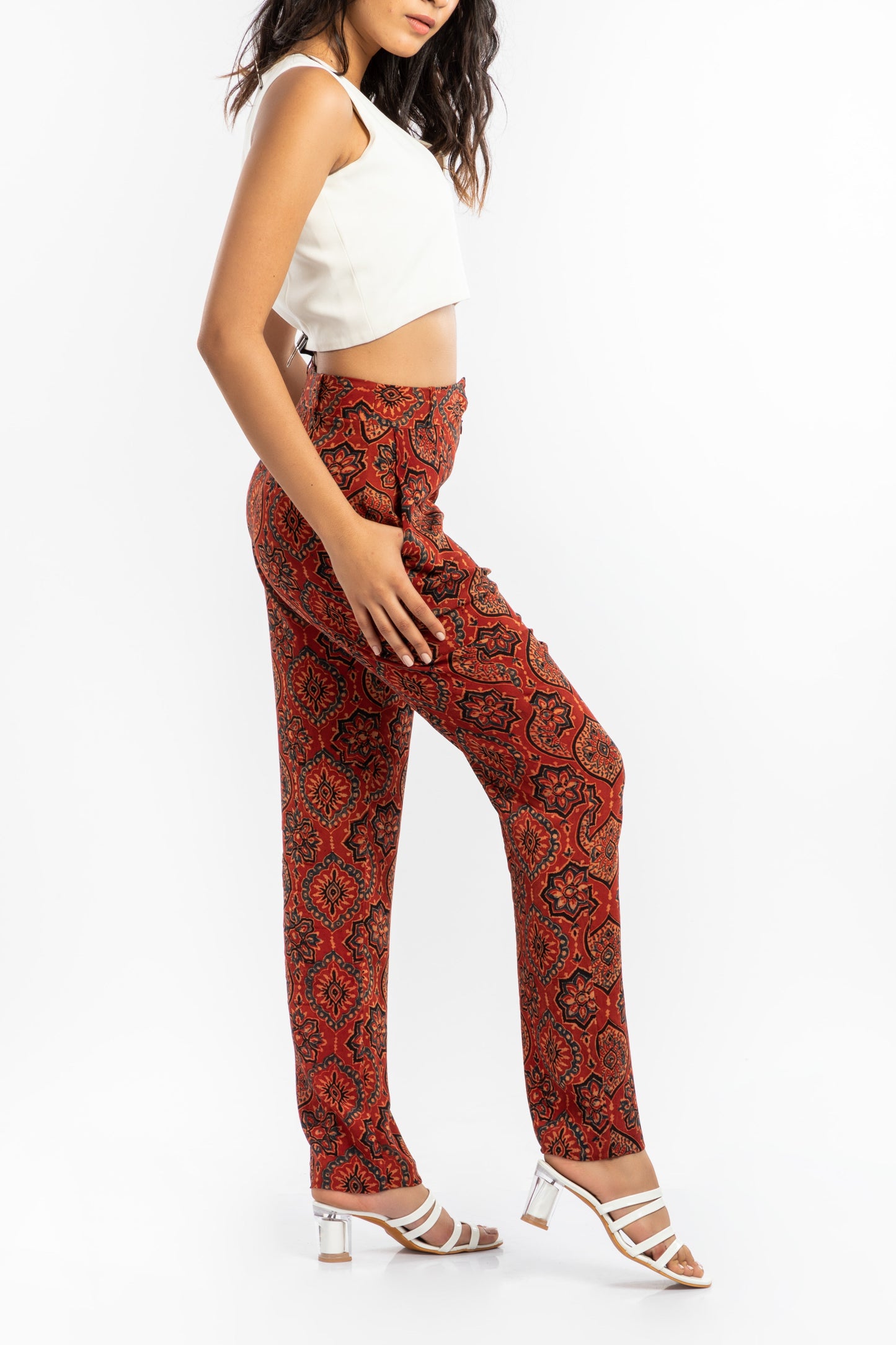 Red Straight Fit Pant by House Of Ara with Ajrakh, Ajrakh Collection, Casual Wear, Cupro, Natural, Pants, Prints, Red, Regular Fit, Womenswear at Kamakhyaa for sustainable fashion