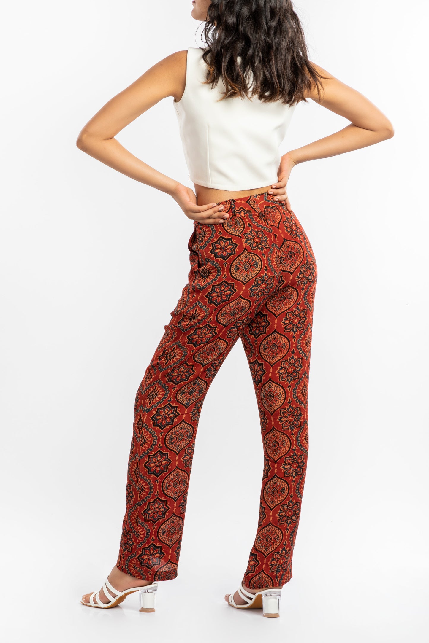 Red Straight Fit Pant by House Of Ara with Ajrakh, Ajrakh Collection, Casual Wear, Cupro, Natural, Pants, Prints, Red, Regular Fit, Womenswear at Kamakhyaa for sustainable fashion