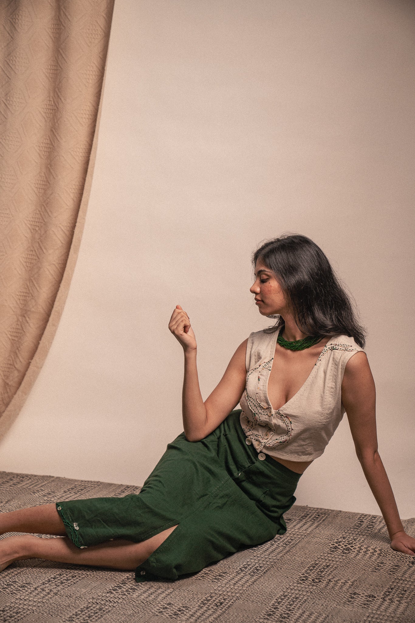 Cropped Blouse & Flared Skirt Set by Lafaani with 100% pure cotton, Casual Wear, Dress Sets, Green, Kora, Natural with azo free dyes, Organic, Regular Fit, Rewind, Rewind by Lafaani, Solids, Womenswear at Kamakhyaa for sustainable fashion