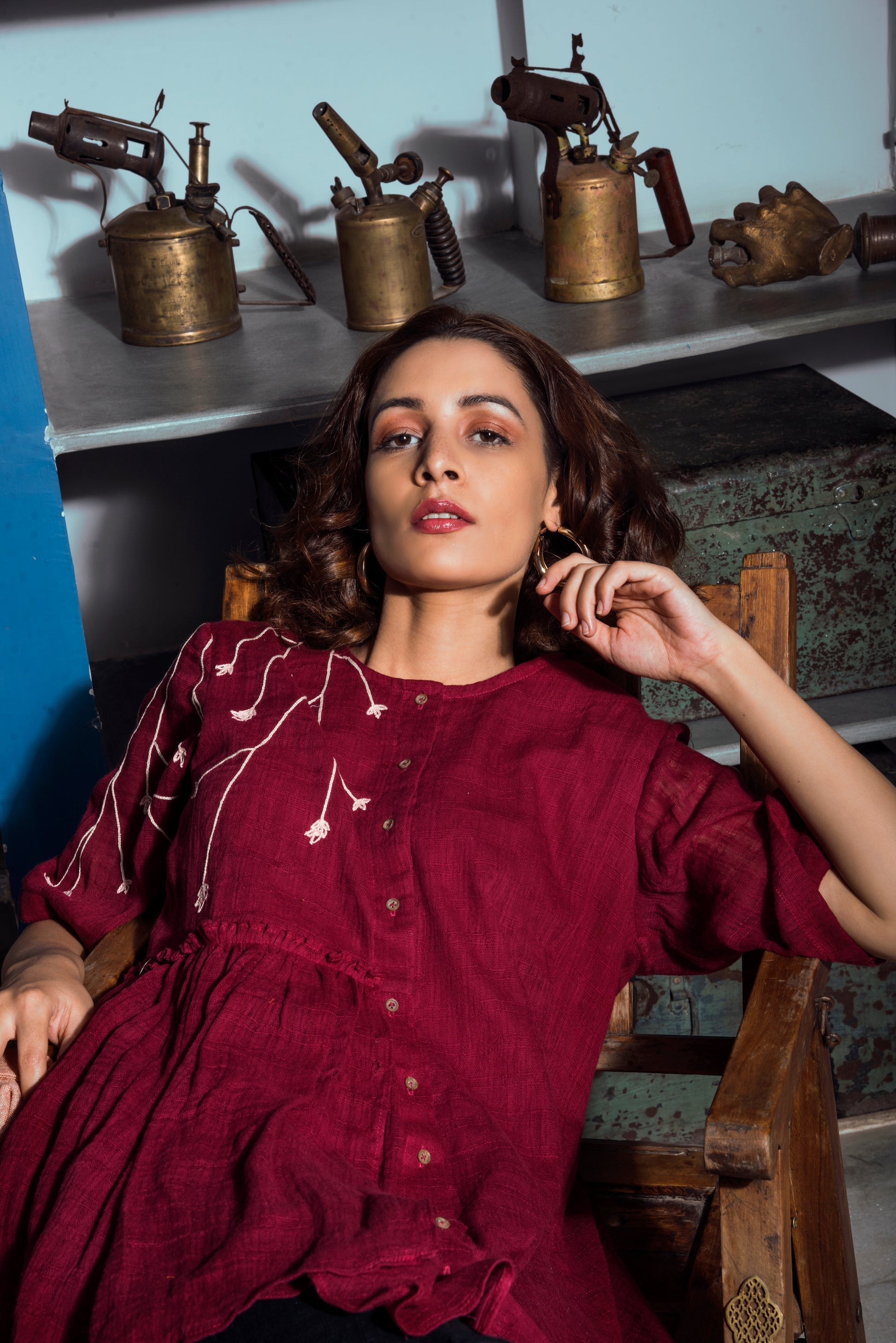 Red Embroidered Tunic Top by The Loom Art with Cotton, Indie Tribe by The Loom Art, July Sale, July Sale 2023, Natural, Ombre & Dyes, Party Wear, Presentation, Red, Regular Fit, Shirts, Tops, Womenswear at Kamakhyaa for sustainable fashion