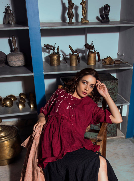Red Embroidered Tunic Top by The Loom Art with Cotton, Indie Tribe by The Loom Art, July Sale, July Sale 2023, Natural, Ombre & Dyes, Party Wear, Presentation, Red, Regular Fit, Shirts, Tops, Womenswear at Kamakhyaa for sustainable fashion