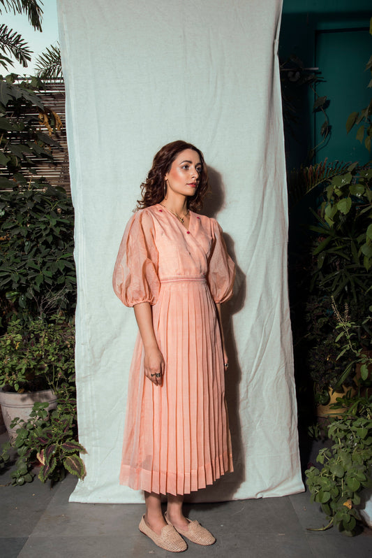 Indie Tribe Blush Midi Dress by The Loom Art with Handloomed Kota Doria Silk, Indie Tribe by The Loom Art, July Sale, July Sale 2023, Maxi Dresses, Natural, Ombre & Dyes, Party Wear, Pink, Presentation, Regular Fit, Womenswear at Kamakhyaa for sustainable fashion