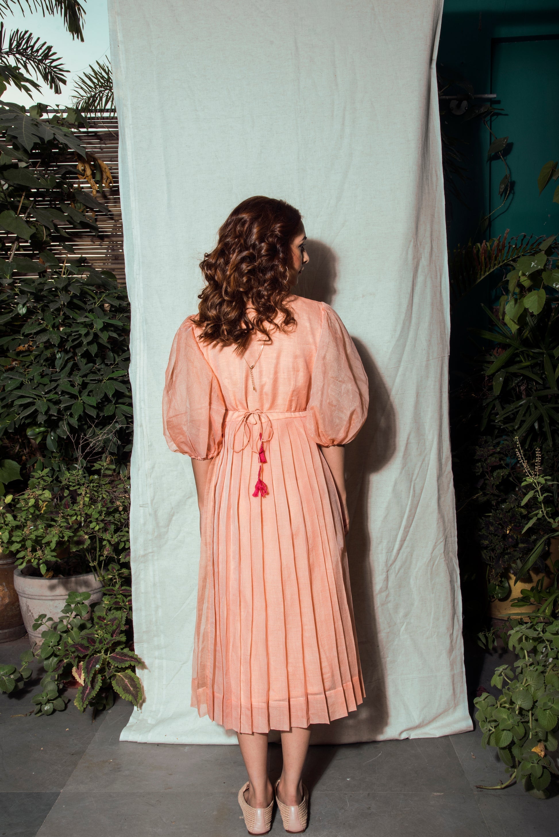 Indie Tribe Blush Midi Dress by The Loom Art with Handloomed Kota Doria Silk, Indie Tribe by The Loom Art, July Sale, July Sale 2023, Maxi Dresses, Natural, Ombre & Dyes, Party Wear, Pink, Presentation, Regular Fit, Womenswear at Kamakhyaa for sustainable fashion