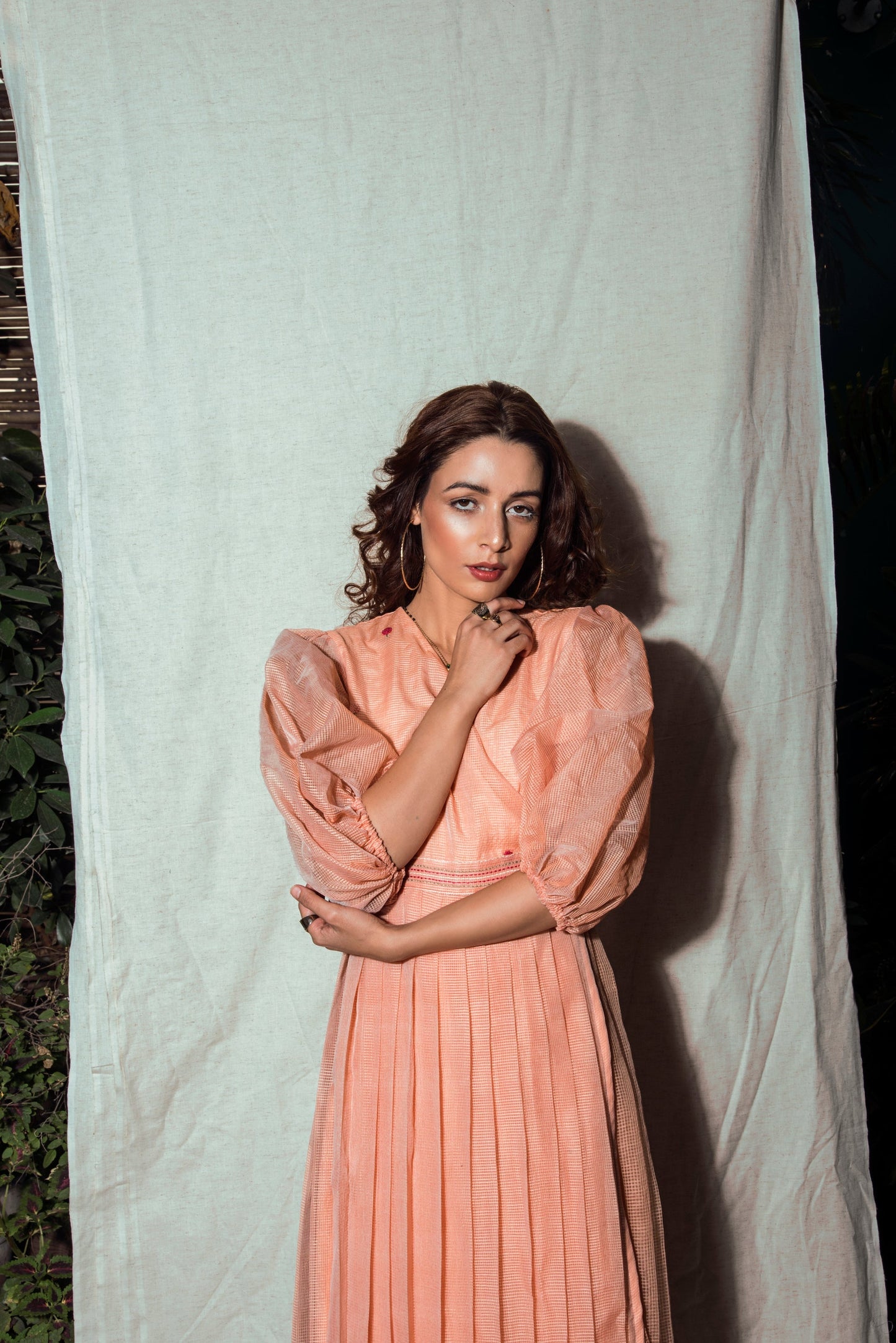 Indie Tribe Blush Midi Dress by The Loom Art with Handloomed Kota Doria Silk, Indie Tribe by The Loom Art, July Sale, July Sale 2023, Maxi Dresses, Natural, Ombre & Dyes, Party Wear, Pink, Presentation, Regular Fit, Womenswear at Kamakhyaa for sustainable fashion