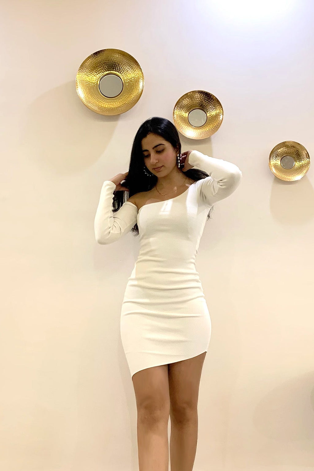 White Solid Mini Dress by Meko Studio with Deadstock Fabrics, Evening Wear, For Her, July Sale, July Sale 2023, Mini Dresses, One Shoulder Dresses, Reroot AW-21/22, Reroot by Meko Studio, Slim Fit, Solids, White, Womenswear at Kamakhyaa for sustainable fashion