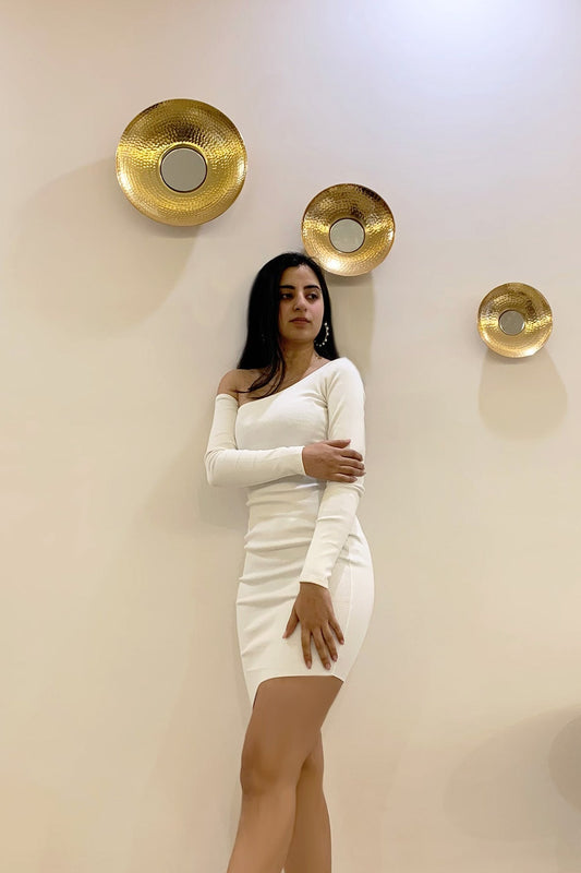 White Solid Mini Dress by Meko Studio with Deadstock Fabrics, Evening Wear, For Her, July Sale, July Sale 2023, Mini Dresses, One Shoulder Dresses, Reroot AW-21/22, Reroot by Meko Studio, Slim Fit, Solids, White, Womenswear at Kamakhyaa for sustainable fashion